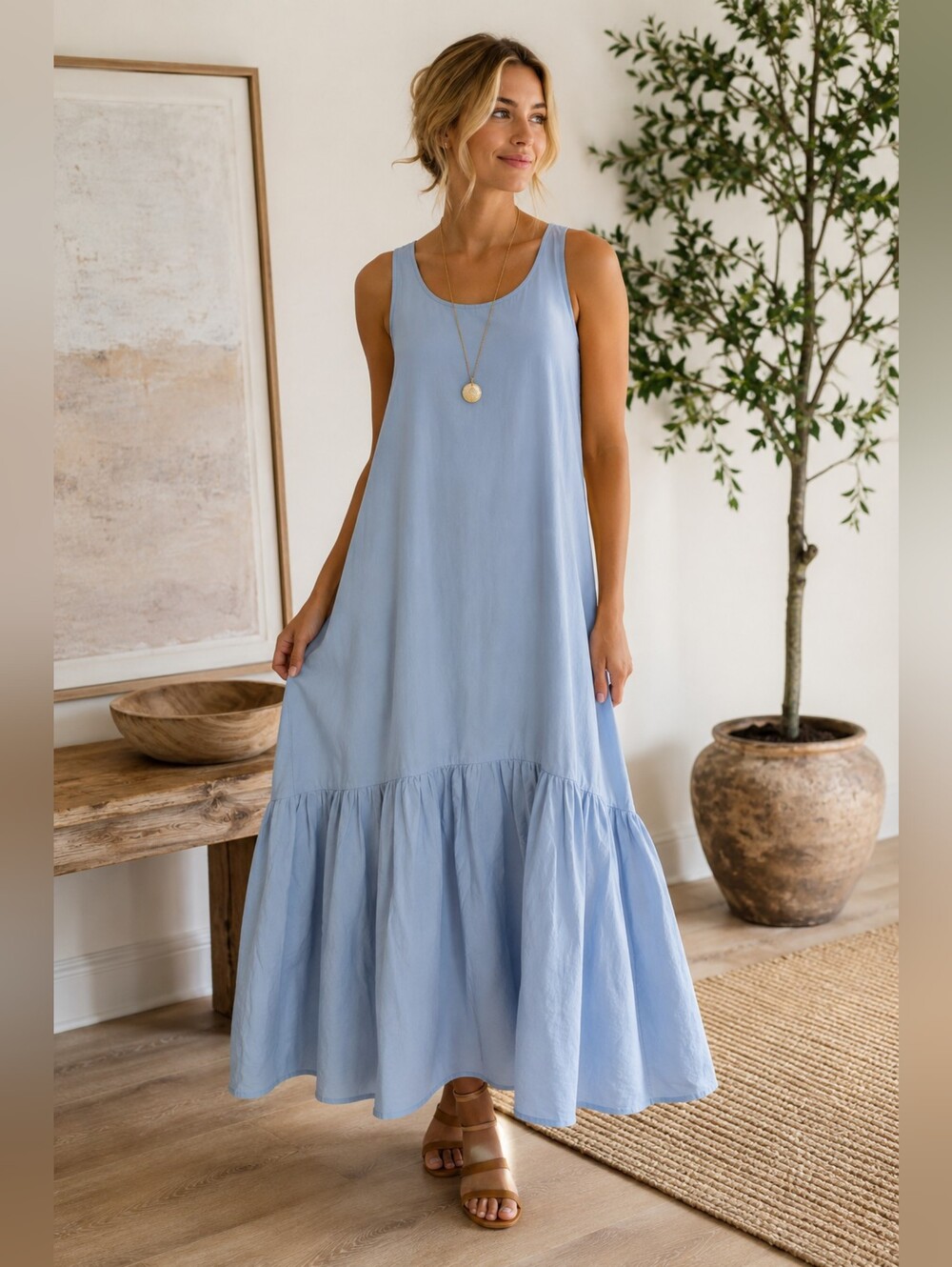 Robbie Bee Light Blue Cotton Swing Maxi Dress Drop Waist Cottagecore M